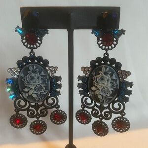 White rose carving earrings /blue and White rose Cameo Drop Dangle Earrings